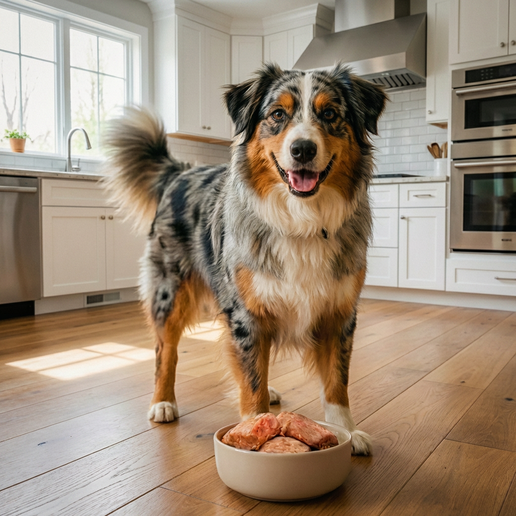 Australian Shepherd standing on a wooden floor in a kitchen with a bowl of food.