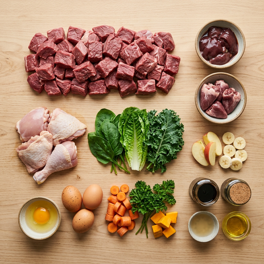 Assorted raw ingredients including Beef meat and chicklen, vegetables, and eggs on a wooden surface.