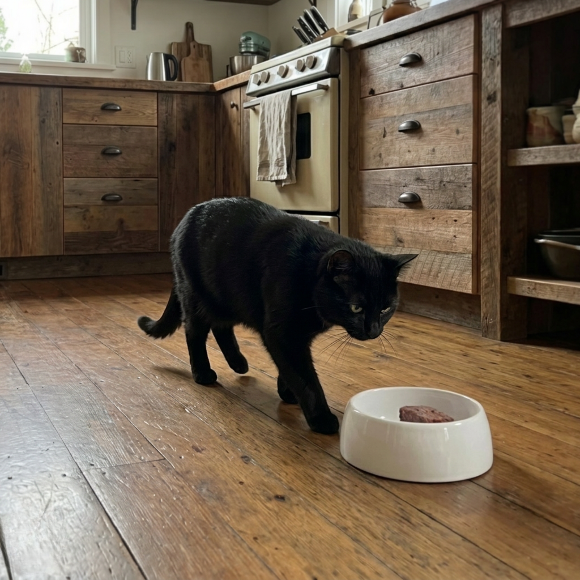 Black cat walking towards a white bowl with food on a wooden floor in a rustic kitchen.