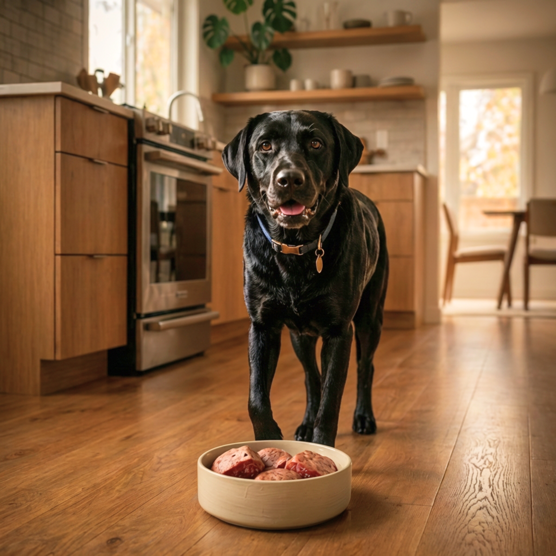 Black Lab standing on a wooden floor in a kitchen with a bowl of food in front of it.
