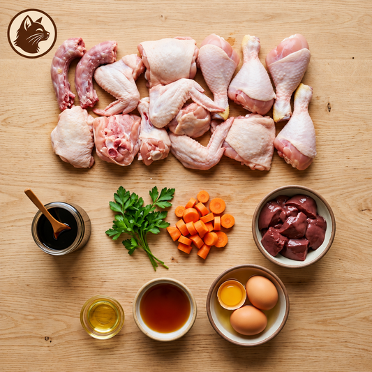 Raw chicken parts on a wooden surface with various ingredients for raw Cat 