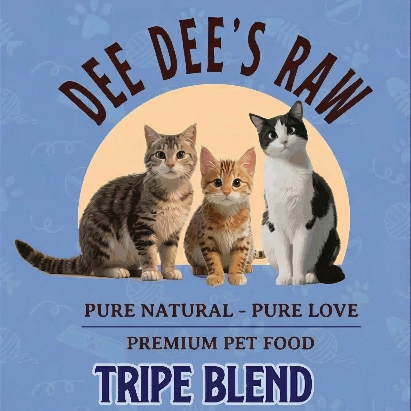 Dee Dee's Raw Tripe Blend pet food packaging with cats and cow on a blue background.