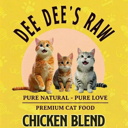 Dee Dee's Raw cat food package with images of cats and chicken, on a yellow background.