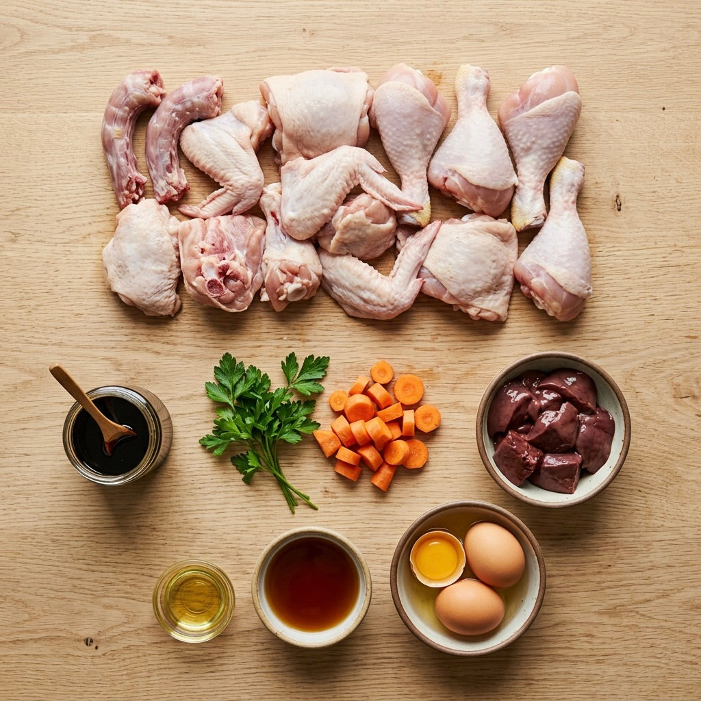 Raw chicken parts on a wooden surface with various ingredients for raw Cat food..