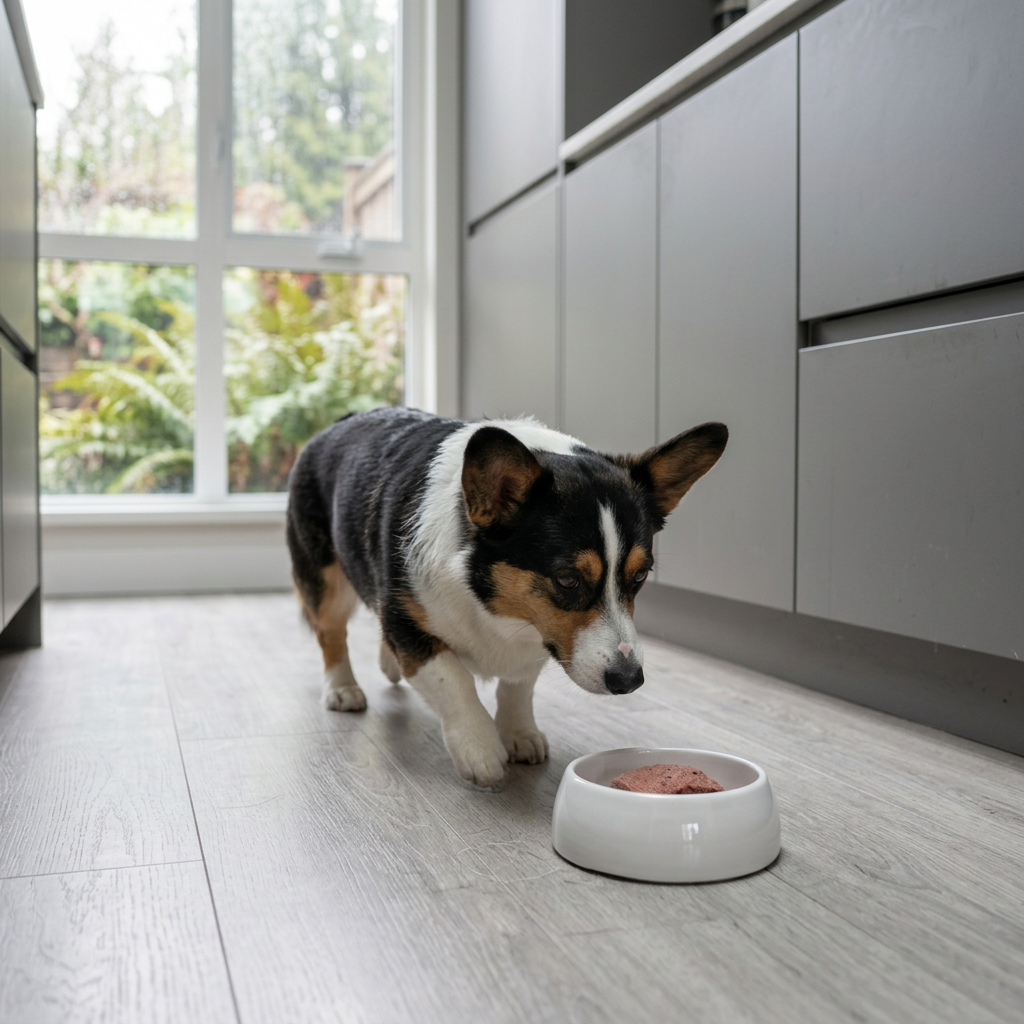 Corgi dog eating from a white bowl on a wooden floor in a kitchen.