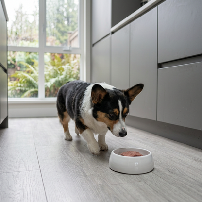 Corgi dog eating from a white bowl on a wooden floor in a kitchen.