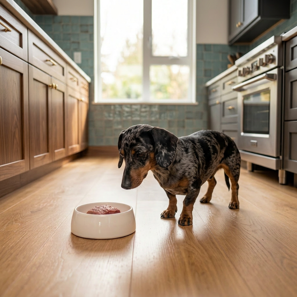Dachshund standing on a kitchen floor next to a white bowl with food