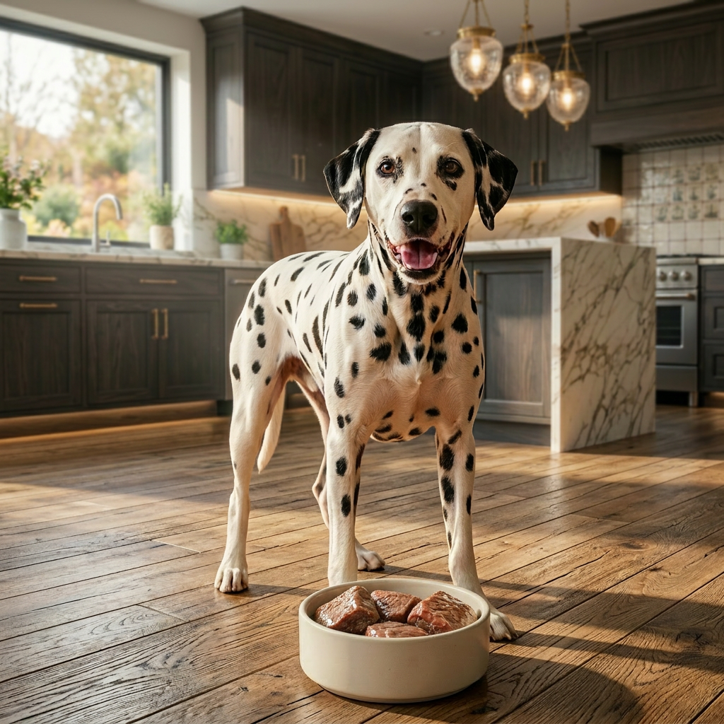 Dalmatian dog standing in a kitchen with a bowl of food on the floor.