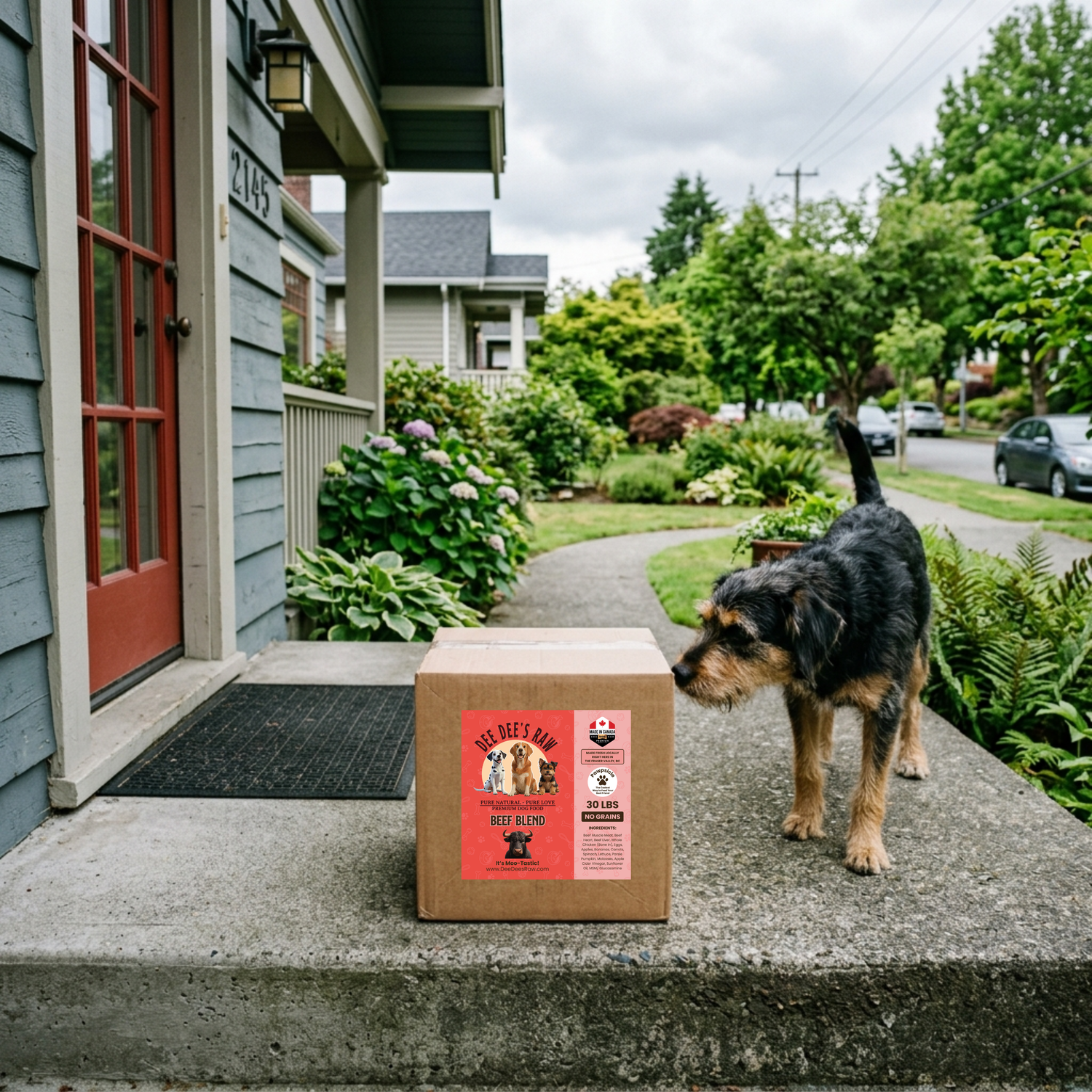 Dog standing next to a Dee Dee's Raw dog food box on a doorstep with a house and garden in the background