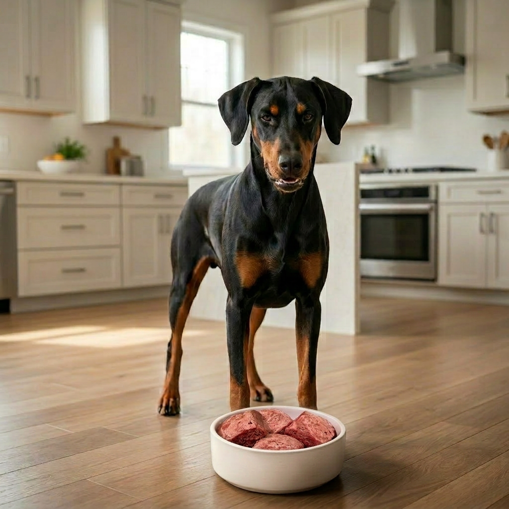 Doberman standing on a wooden floor in a kitchen with a bowl of food in front of it.