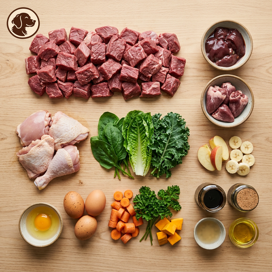 A top-down flat lay of raw dog food ingredients arranged on a light wood surface, including cubed raw beef meat, chicken pieces, leafy greens, carrots, broccoli, eggs, apples, bananas, and small bowls of liquids and spices. A dog icon logo appears in the top-left corner.