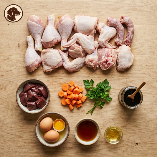 Raw chicken pieces arranged on a light wood surface, with bowls of chopped carrots, parsley, eggs, dark liquid, oil, and liver, plus a dog silhouette logo in the top left corner.
