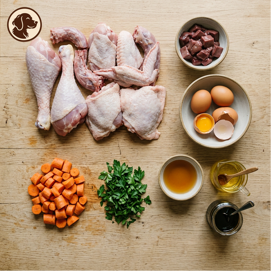 Raw turkey pieces, bowl of beef liver, vegetables, and seasonings on a wooden surface, with a dog silhouette icon in the top-left corner.