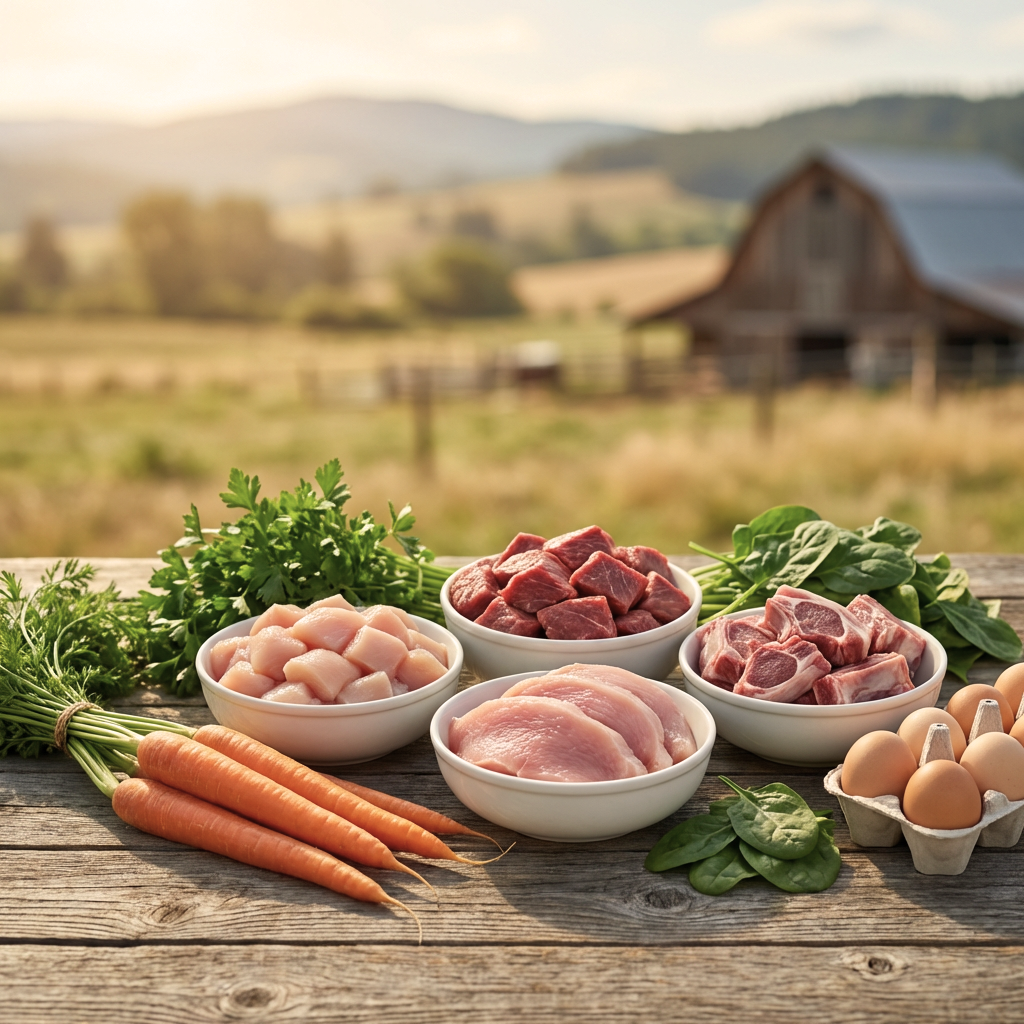 Assorted meats, vegetables, and eggs on a wooden table with a barn and field in the background