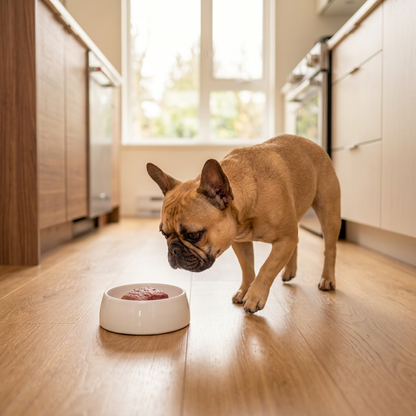 French Bulldog eating from a bowl on a wooden floor in a kitchen