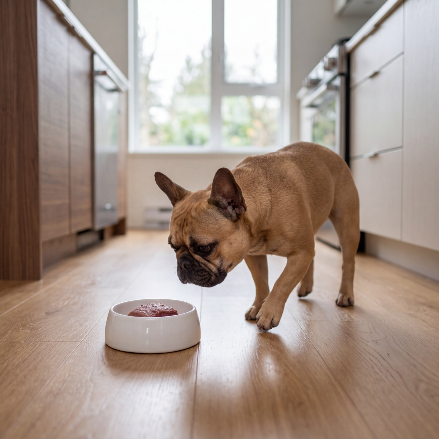 French Bulldog eating from a bowl on a wooden floor in a kitchen