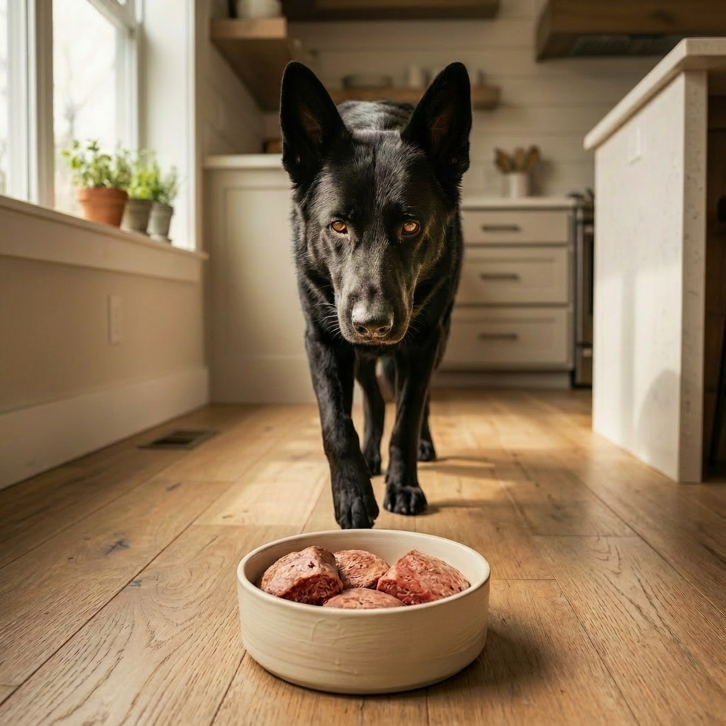 German Shephers walking towards a bowl of raw meat on a wooden floor in a kitchen.