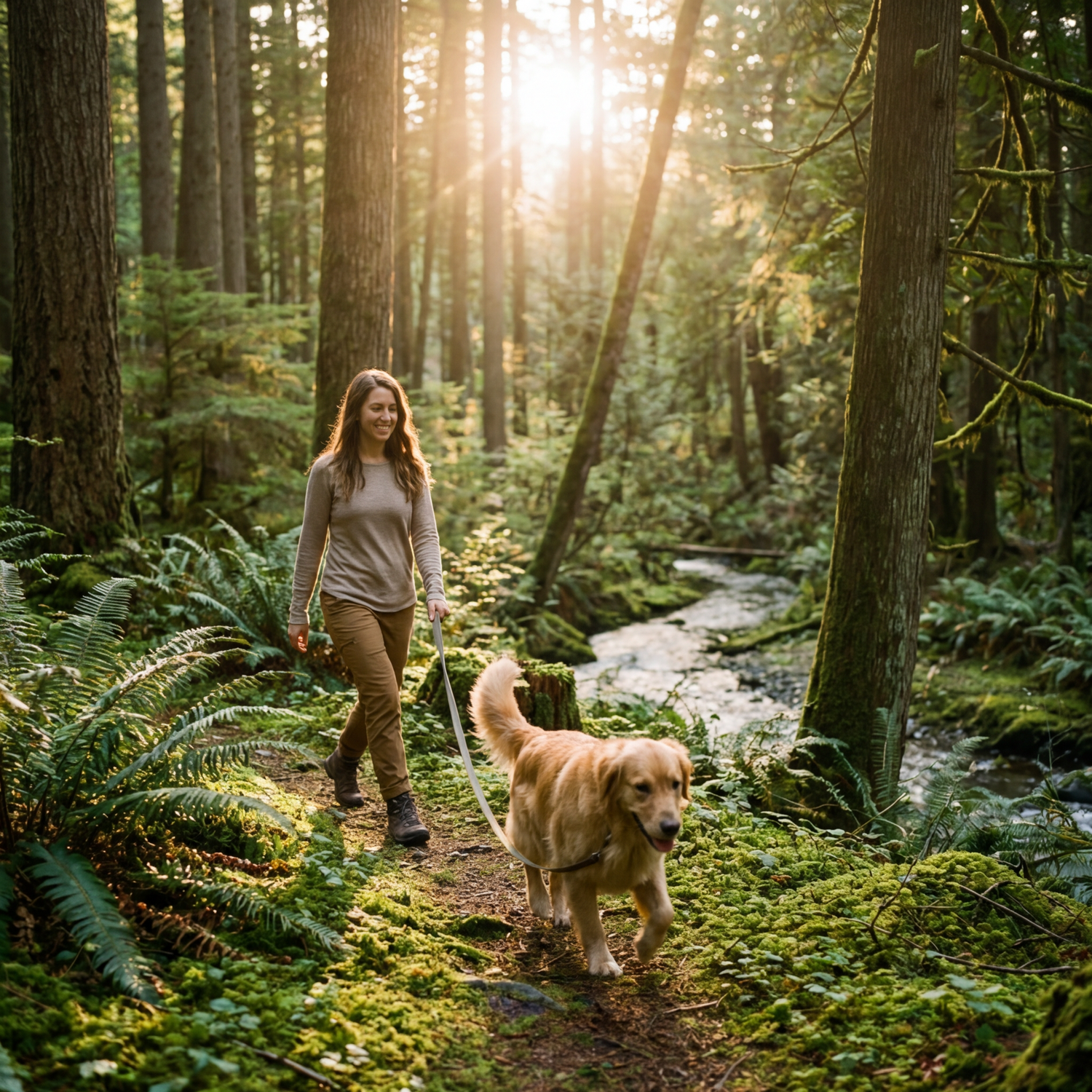Woman walking a dog through a forest with sunlight filtering through the trees.