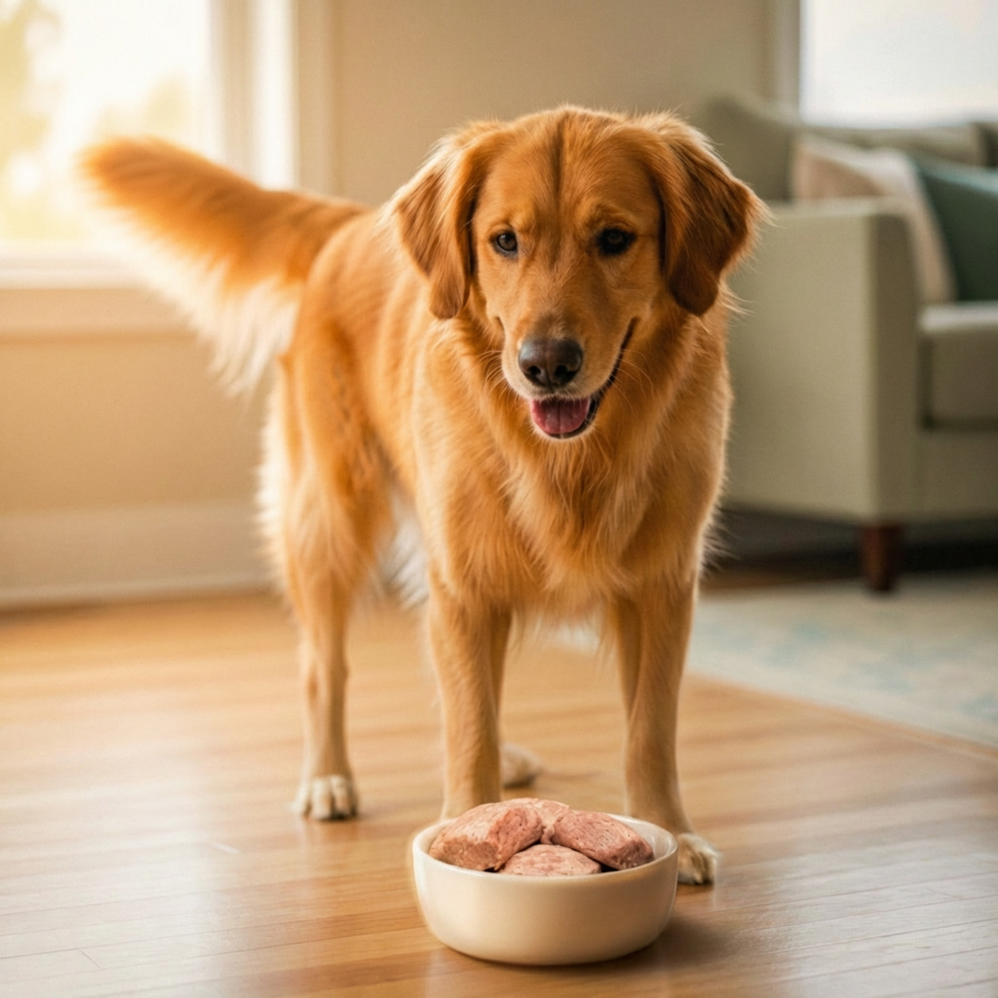 Golden Retriever standing on a wooden floor with a bowl of food in front of it, in a home setting.