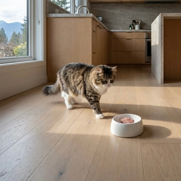 Cat standing on a wooden floor next to a white bowl with raw ood in a modern kitchen.