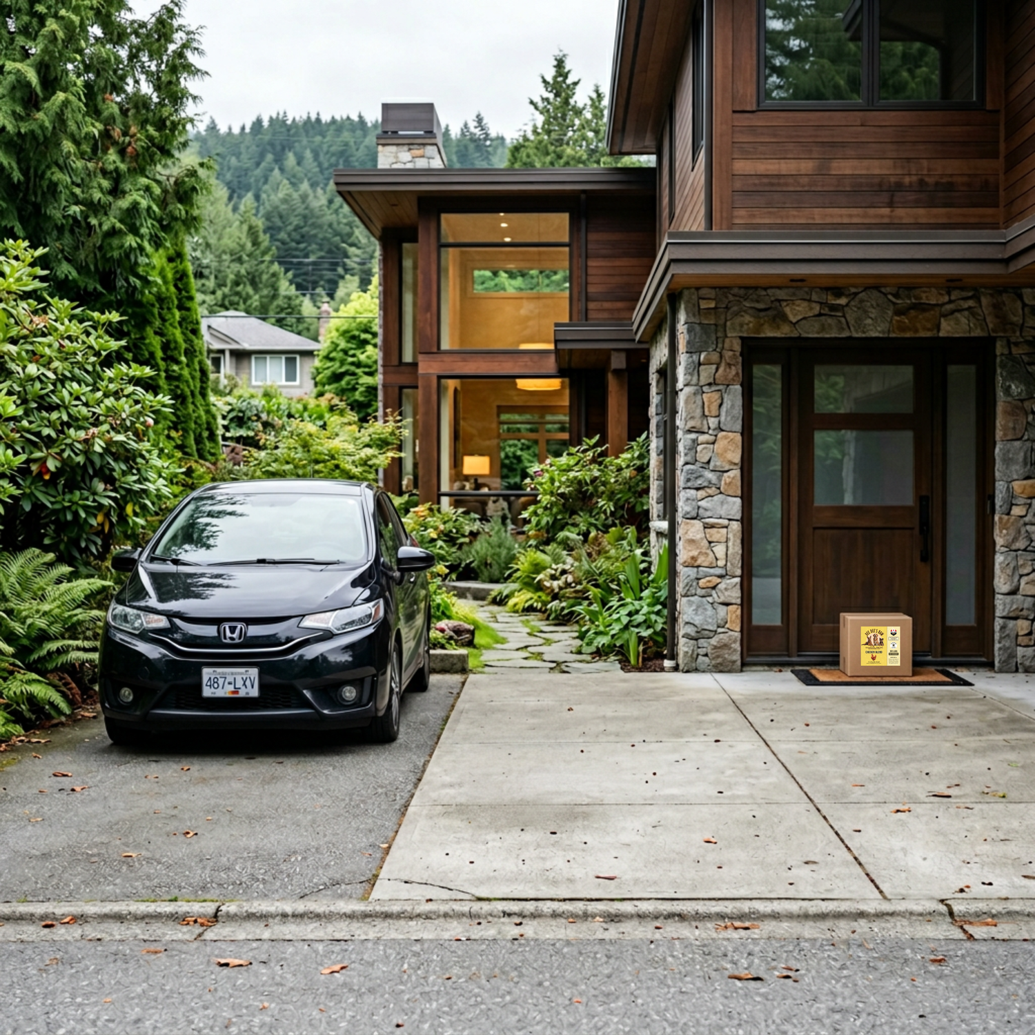 Black delivery car parked in front of a modern house with stone and wood exterior.