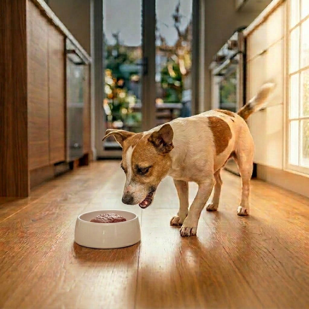 Jack Russel eating from a bowl on a wooden floor in a home setting