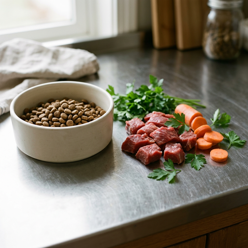 Bowl of kibble dog food on a kitchen counter next to raw meat and vegetables.