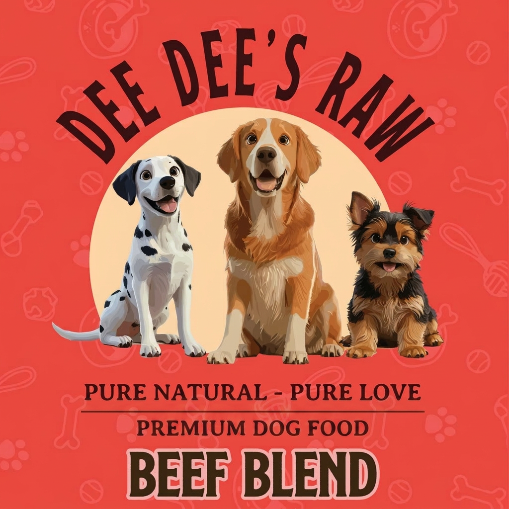 Advertisement for Dee Dee's Raw Premium Dog Food with three dogs on a red background.