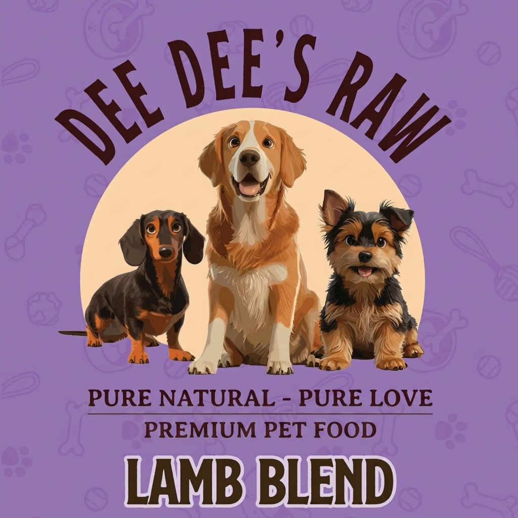 Advertisement for Dee Dee's Raw Premium Pet Food with three dogs on a purple background.