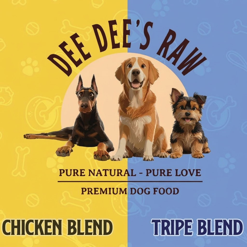 Advertisement for Dee Dee's Raw premium dog food with three dogs on a yellow and blue background.