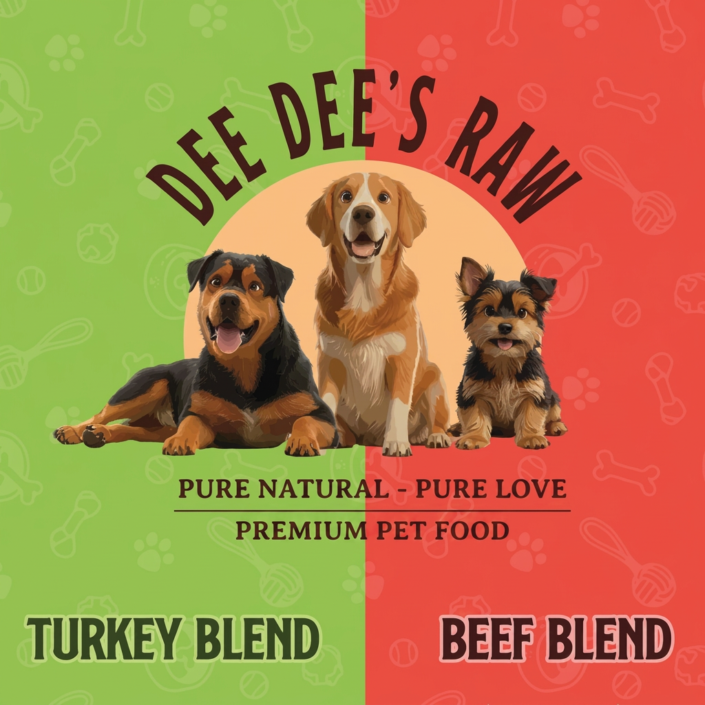 Advertisement for Dee Dee's Raw pet food with three dogs and a split background.