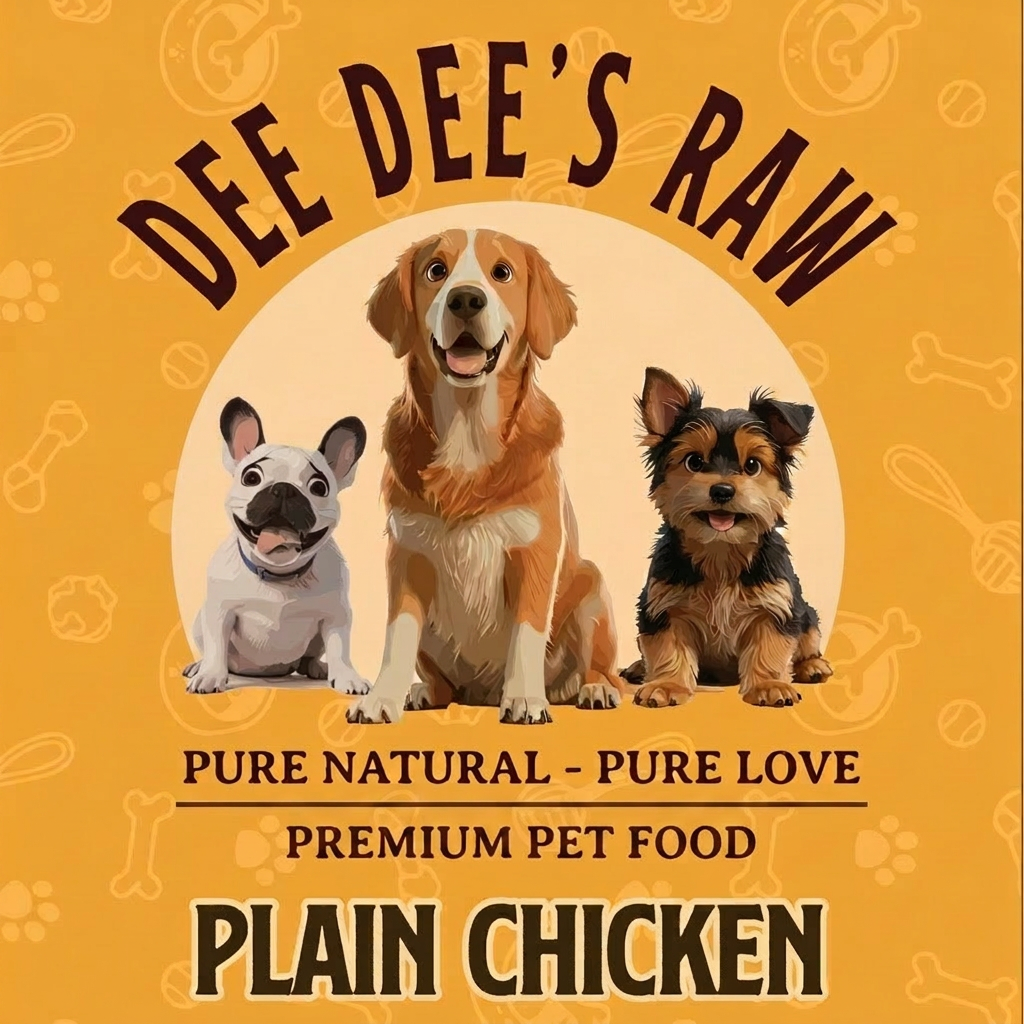 Advertisement for Dee Dee's Raw pet food with three dogs on an orange background.