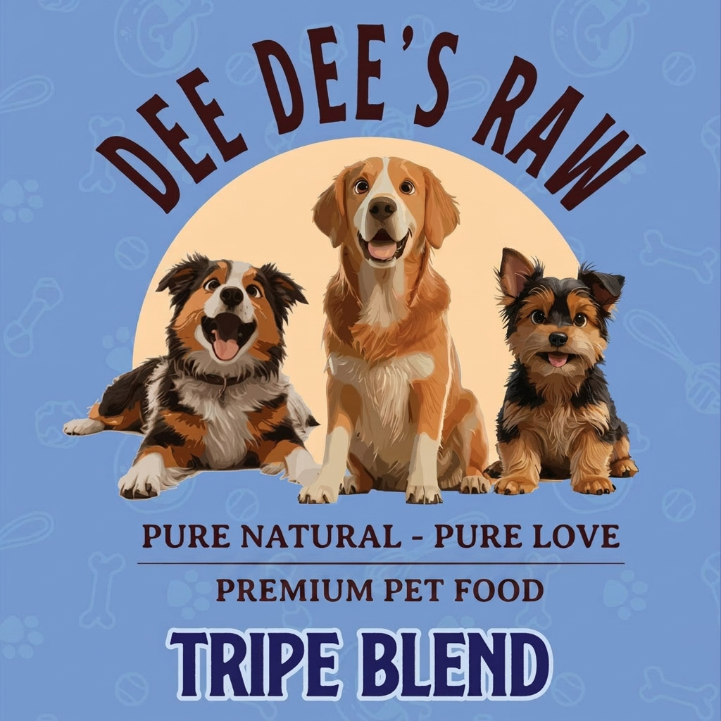Advertisement for Dee Dee's Raw pet food with three dogs on a blue background