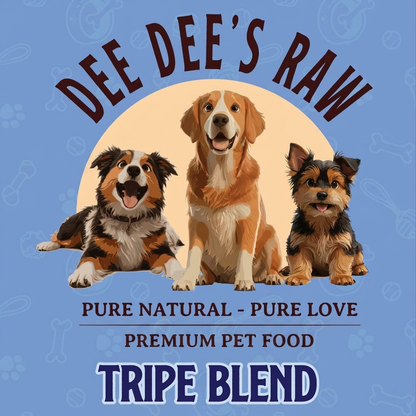 Advertisement for Dee Dee's Raw pet food with three dogs on a blue background