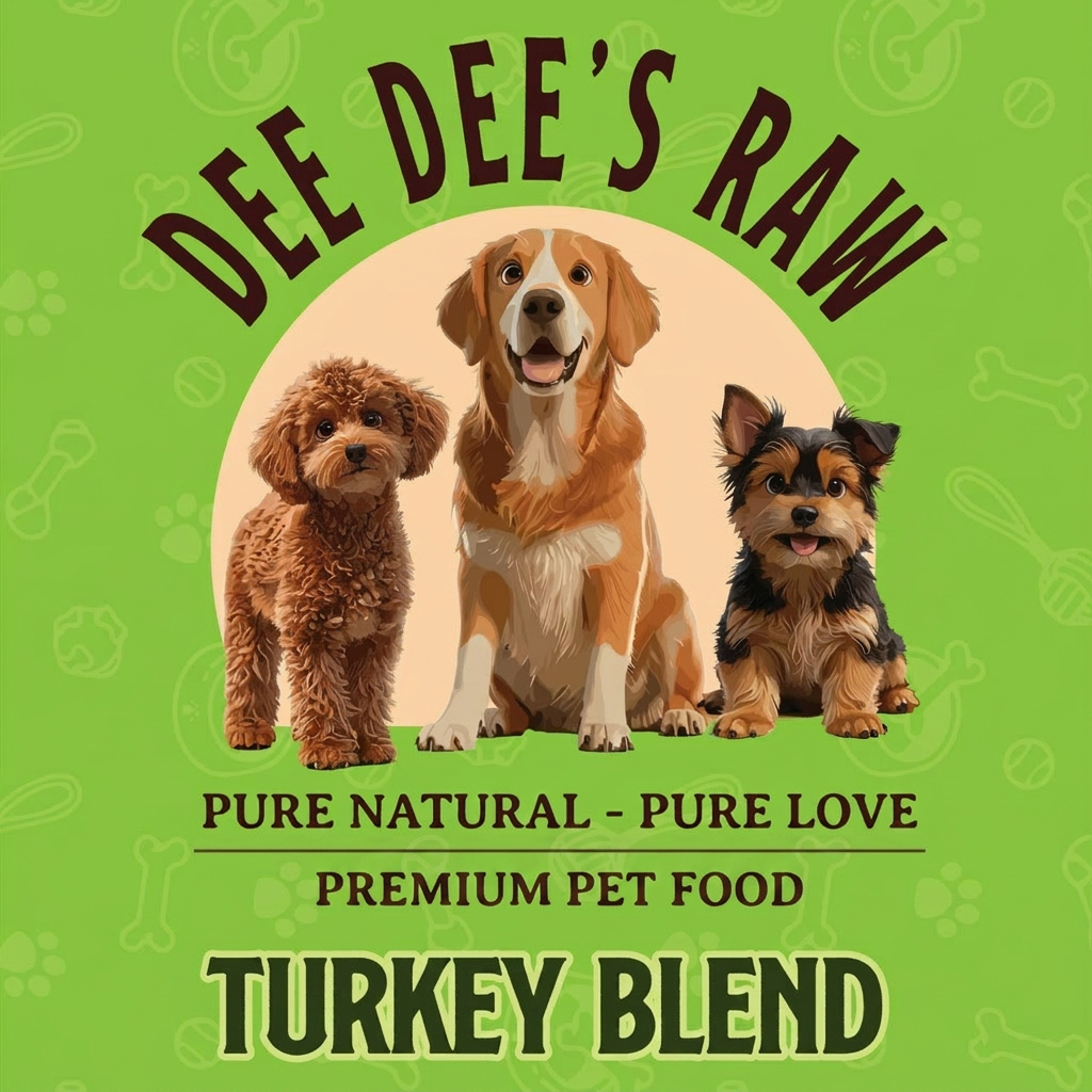 Advertisement for Dee Dee's Raw premium pet food with three dogs on a green background.