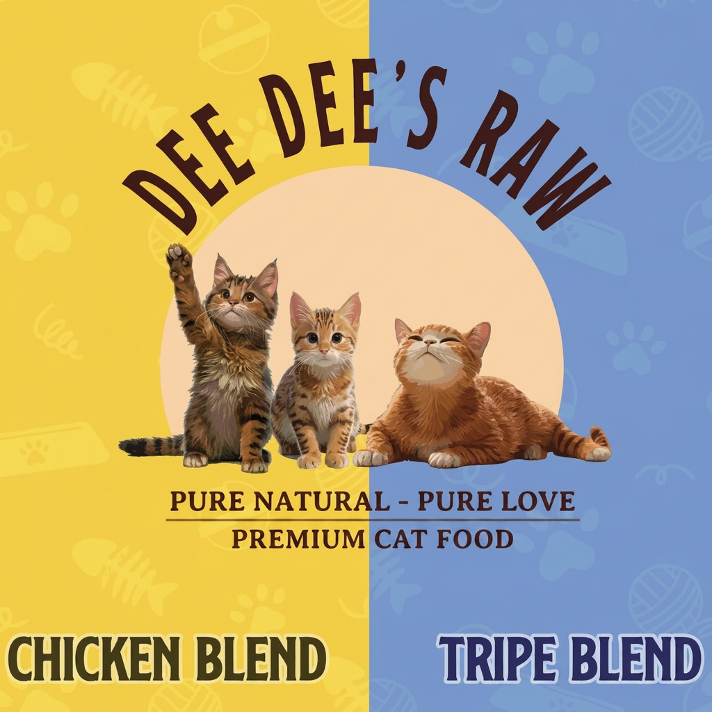 Advertisement for Dee Dee's Raw cat food with two cats on a yellow and blue background.