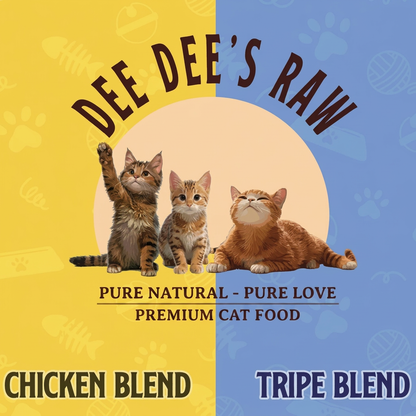 Advertisement for Dee Dee's Raw cat food with two cats on a yellow and blue background.