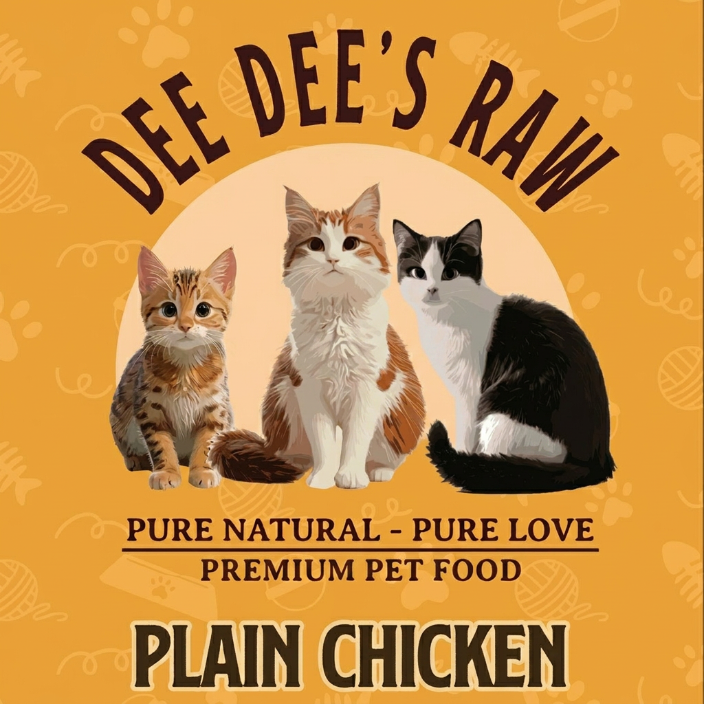 Advertisement for Dee Dee's Raw pet food with three cats on an orange background