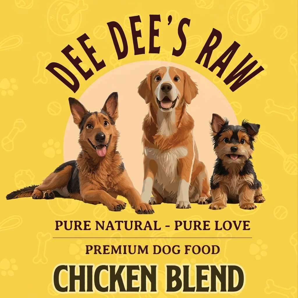 Advertisement for Dee Dee's Raw Premium Dog Food with three dogs on a yellow background