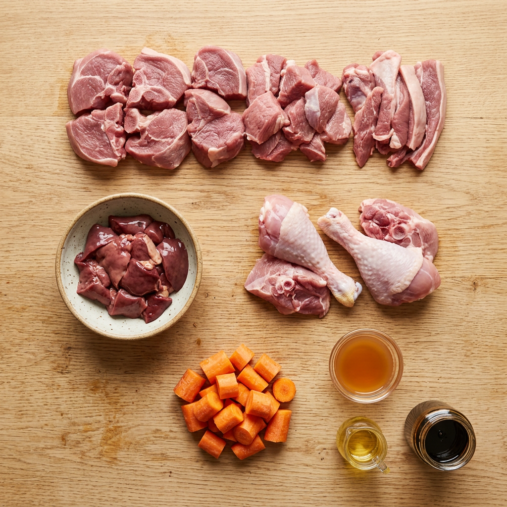 Raw lamb and turkey meats, vegetables, and sauces on a wooden surface