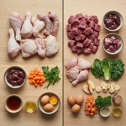 Raw chicken and beef parts with ingredients on a wooden surface