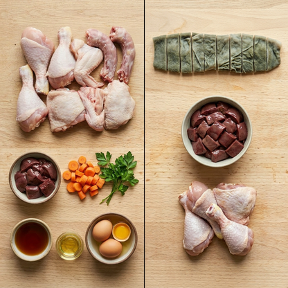 Raw chicken and tripe parts with ingredients on a wooden surface