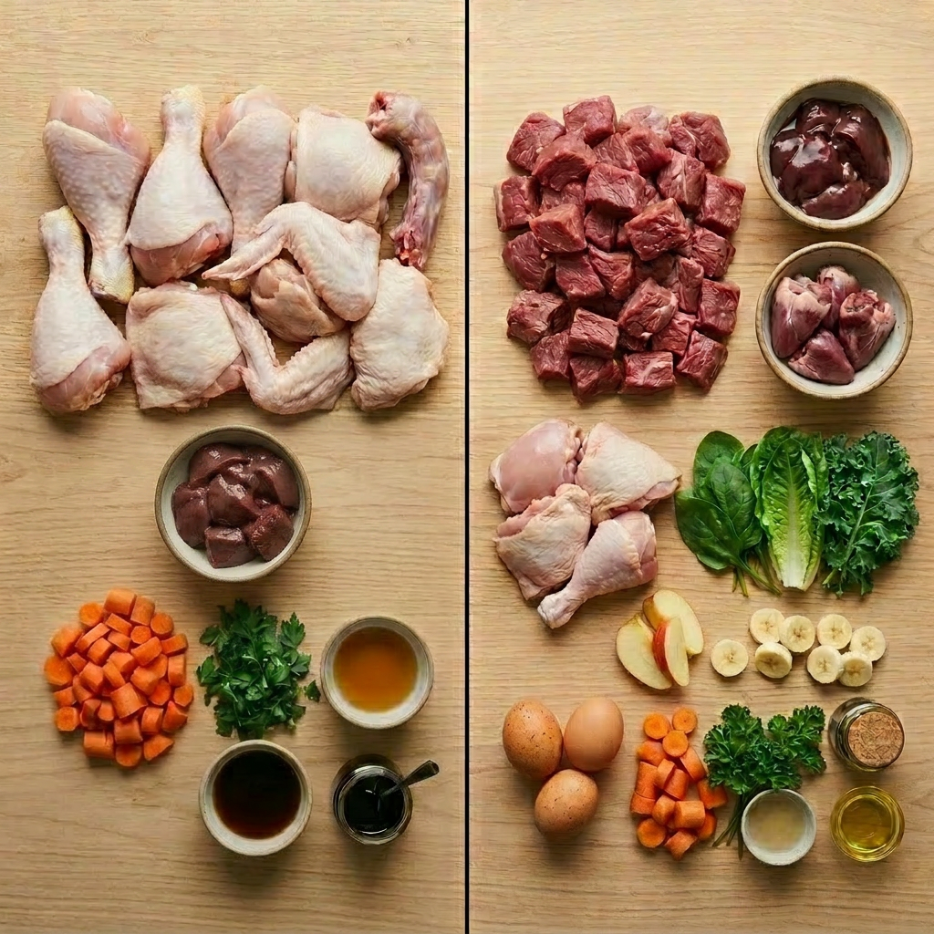 Raw turkey and beef parts with ingredients on a wooden surface