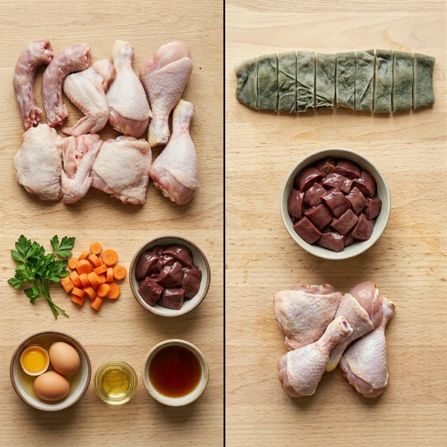 Raw chicken parts, vegetables, and ingredients on a wooden surface