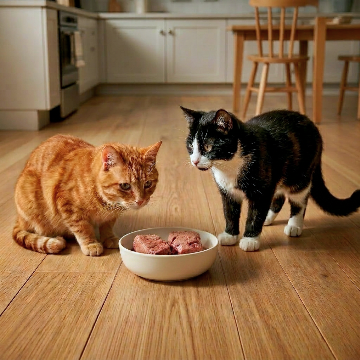 Two cats looking at a bowl of food on a wooden floor in a kitchen.
