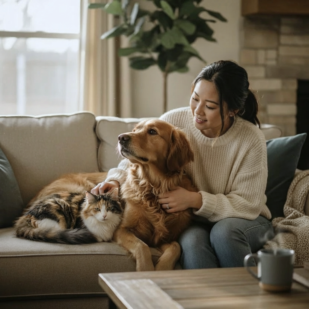 Woman sitting on a couch with a dog and cat, surrounded by home decor.