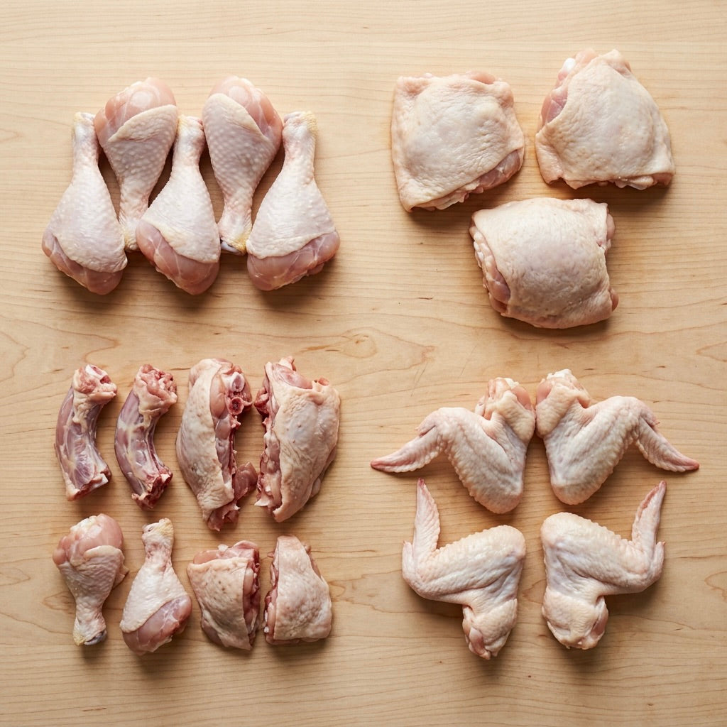Raw chicken parts including legs, thighs, and wings on a wooden surface.