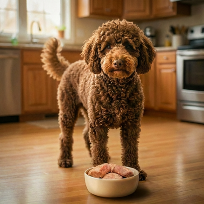 Brown poodle standing on a wooden floor in a kitchen with a bowl of food.