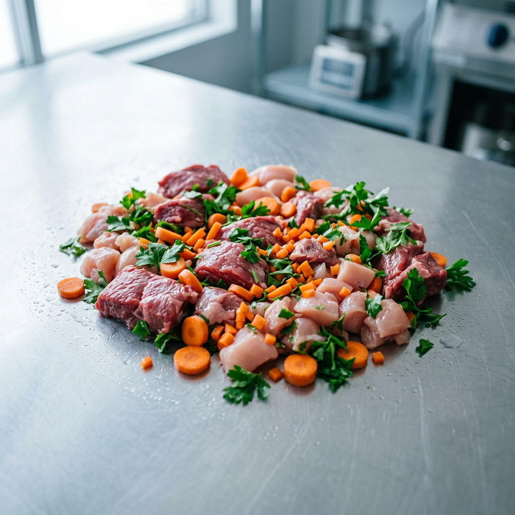 Raw meat, vegetables, and herbs on a metallic surface in a kitchen setting