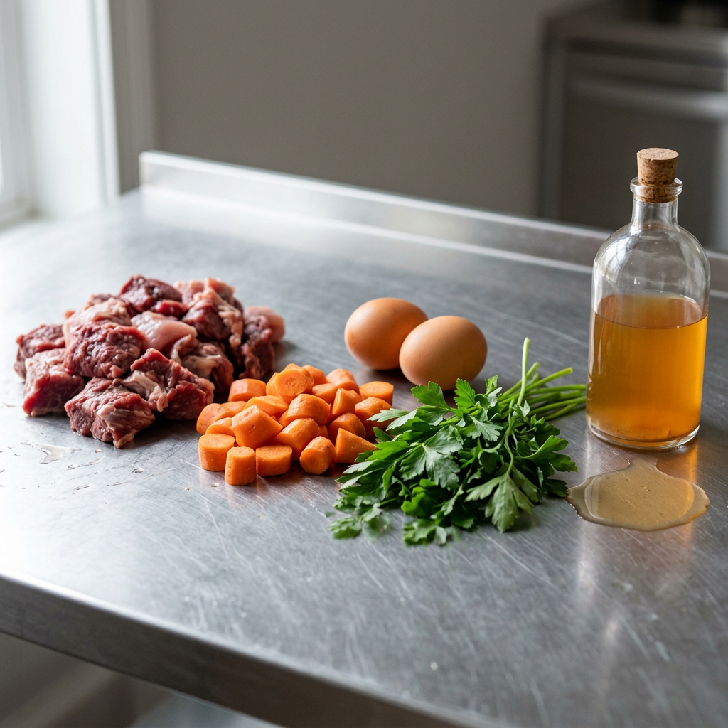 Raw meat, carrots, eggs, and herbs on a metal surface with a bottle of apple cider vinegar.